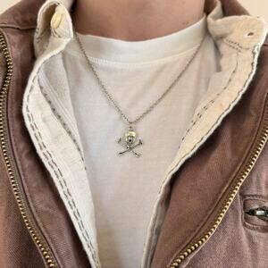 Y2K 2000s Vintage Silver Skull Necklace Unisex Boneyard Chain Jewelry New
